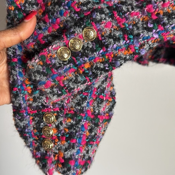 NEW SANDRO Cropped  wool blend bouclé-tweed jacket - Black/Fuschia FR 38 - Picture 10 of 16